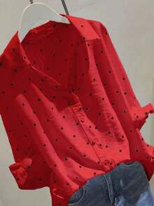 Camisa de mujer con botones y diseño de puños con corbata, de manga 3/4 con lunares, versátil para uso casual, de negocios, para ir y venir del trabajo, y para usar en primavera/verano/otoño de vacaciones - Rojo - Ver 1