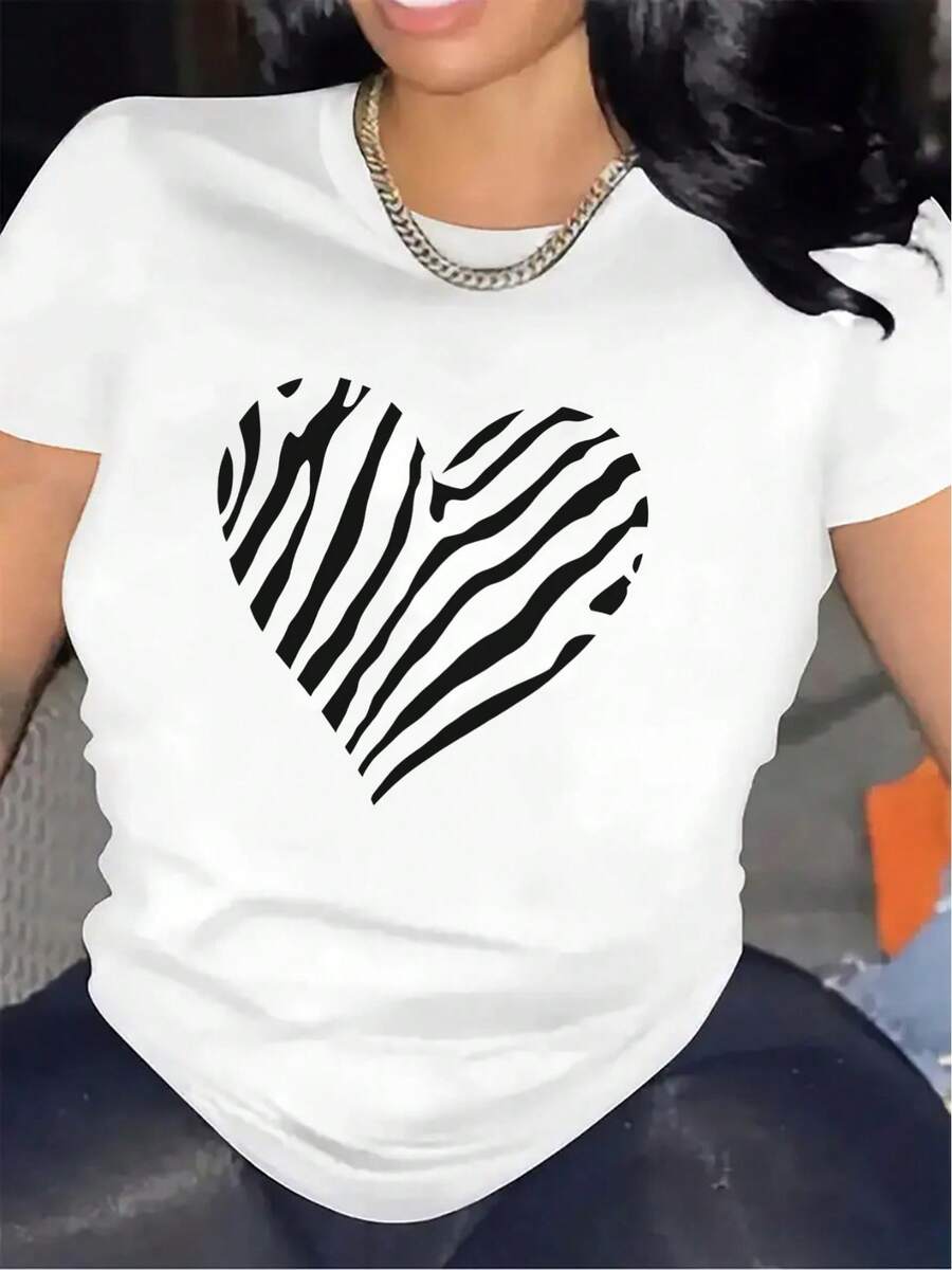 Women's Short-Sleeved T-Shirt With A Y2K-Style Heart And Zebra Print, Made From Durable Cotton Fabric, Is A Comfortable And Stylish Garment Suitable For Casual Dinners Or Lounging At Home, Making It An Ideal Gift For Fashion Enthusiasts. Graphic Print, Summer Streetwear. - 白色 - 查看 1