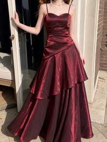 Đầm maxi dây mảnh sang trọng kiểu Pháp cổ điển với viền bèo nhún, thích hợp cho Ngày của Mẹ, sinh nhật, đám cưới, các dịp trang trọng, tiệc tùng mùa xuân. - Màu Đỏ Sâu - Xem 3