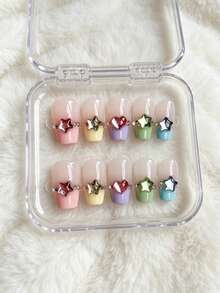 10pcs Short Tapered Handmade Press-On Nails, Macaron Color French Tip With Colorful Stars And Rhinestone Accents, Cute Sweet Summer False Nails, Easy To Wear For Beginners, Reusable, Suitable For Daily And Vacation Outfits - Multicolor - View 4