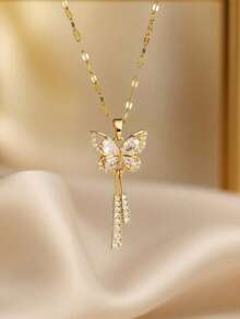 1 Piece Of Elegant Butterfly Pendant With Tassels, Gold Plated, Crystal Chain, Sparkling Cubic Zirconia, Suitable For Young Women, Accessory, Birthday Or Valentine's Day Gift. - 蝴蝶流蘇項鍊,全身鑲嵌鑽石和微鑲寶石 - 查看 3