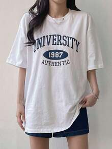 Camiseta holgada de mujer con caída en los hombros y estampado de letras, camiseta oversize, camisetas gráficas de estilo preppy - Blanco - Ver 5