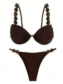 Polovedo Official New Arrival Solid Bikini Swimsuit, Beach Holiday Party Date Vacation Summer - Brown - View 4