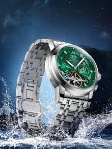 1 pieza Reloj automático mecánico de esqueleto para hombres, esfera de cielo estrellado, correa de metal, reloj de pulsera de moda para uso diario y de negocios FW-6055 - FW-6055 - Ver 12