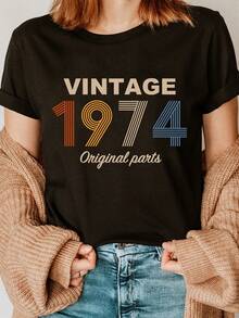 Camiseta Retro Vintage de los 50s con Estampado de Letras de Moda para el 50º Cumpleaños, Piezas Originales de 1974, Manga Corta, Cuello Redondo, Top Casual para Verano y Primavera, Ropa de Mujer, Camiseta de Algodón Cómoda - Negro - Ver 6