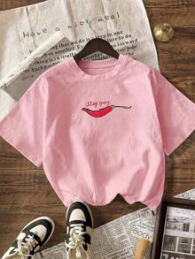 Camiseta de manga corta con gráfico de pimiento picante Y2K, casual de verano para mujer, ropa de vacaciones y playa - Rosa Pálido - Ver 5