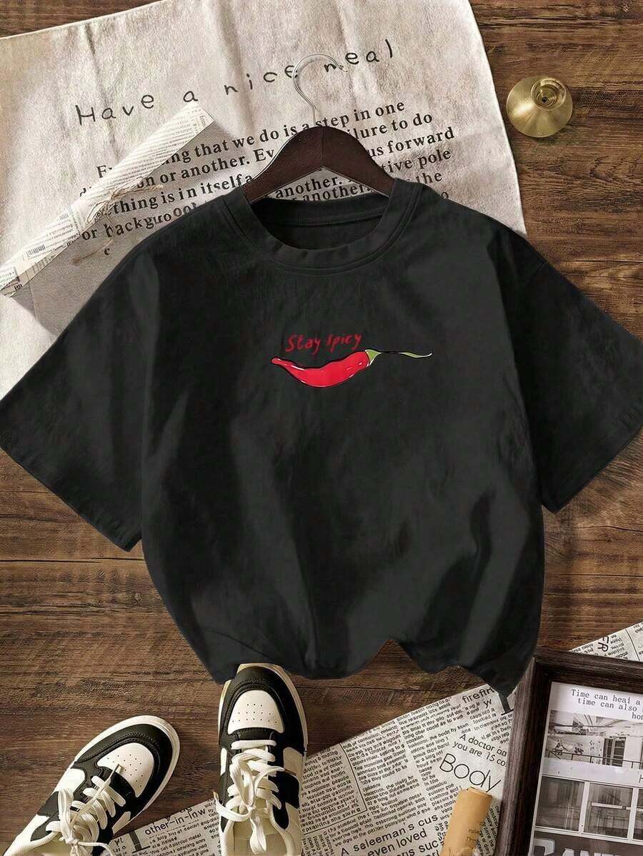 This Casual Women's Short-Sleeved Crew Neck T-Shirt In Black And White Features Cartoon, Letter, And Animal Prints, Making It Ideal For Summer, The Beach, And Vacations. Made From 200gsm 100% Pure Cotton, This High-Quality Short-Sleeved T-Shirt Is Soft And Comfortable, Making It An Everyday Essential. - 黑色 - 查看 1