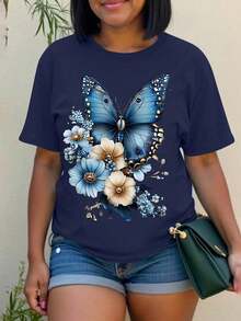 Camiseta de mujer de talla grande de verano informal con estampado de flores y mariposas de cuello redondo - Multicolor - Ver 1