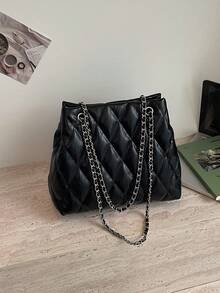 Large Capacity Fashion Tote Bag, Quilted Embroidery Soft Chain Shoulder Crossbody Bag, Suitable For Students, Commuting, Shopping, Travel - Black - View 5