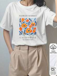 Camiseta de algodón 100% con estampado floral, de manga corta para mujer, camiseta blanca, camiseta gráfica, ropa de verano blanca, atuendo de verano casual, camiseta de algodón, atuendo de vuelta al colegio, inspiración de atuendo escolar, esencial de vuelta al colegio, atuendo para el primer día de clases, atuendo de vuelta al colegio 2026, atuendo de vacaciones - Blanco - Ver 3
