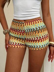 Retro Multicolor Wave Knit Shorts, High Waisted Textured Geometric Print Hot Pants, Women's Summer Vacation & Boho Casual Shorts - Multicolor - View 2