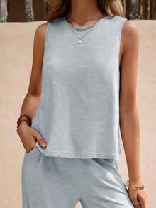 Faunlyn Top tank unicolor & Pantalones de pierna ancha - Celeste - Ver 3