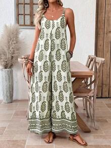 Mono Casual de Pierna Ancha con Bolsillos en Color Sólido para Mujer - Verde 2 - Ver 6