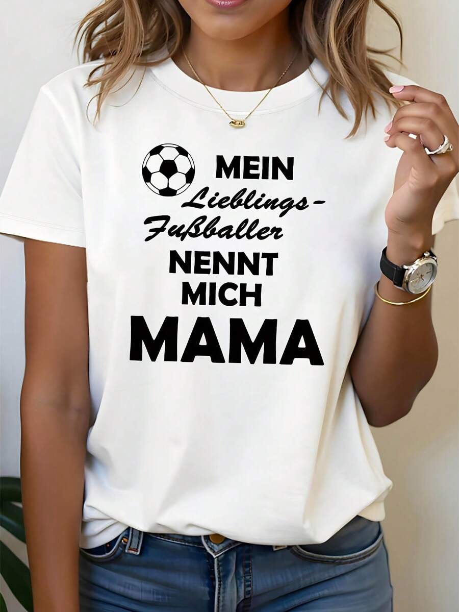Camiseta casual de manga corta y cuello redondo para mujer con estampado gráfico "German Football Mom" para primavera - verano, estilo diario, salida diaria, regalo de festividades - [Blanco] - Ver 1