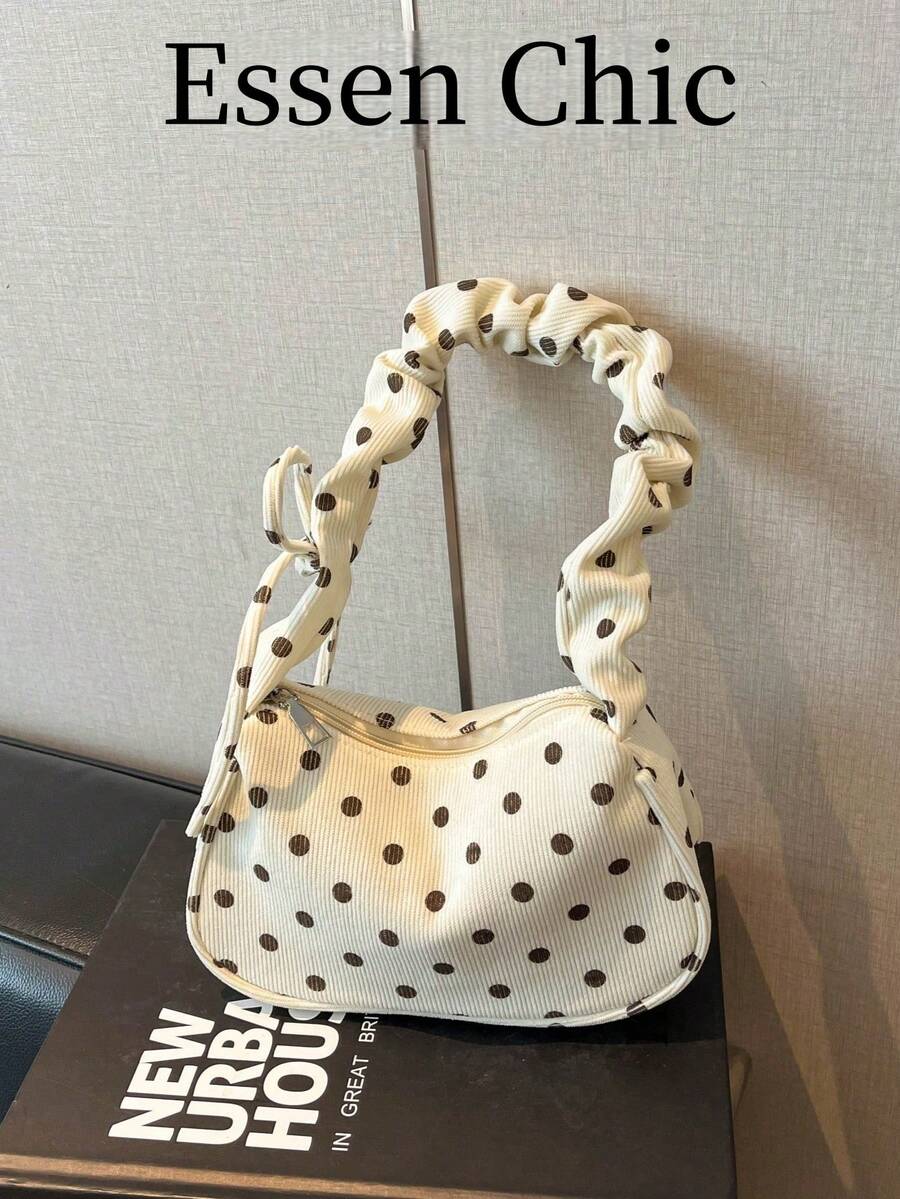 1个白色波点装饰灯芯绒斜挎包,女士款,春季新品 - 白色 - 查看 1