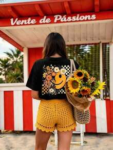 Camiseta Casual de Mujer con Estampado Floral y Cara Sonriente, Camiseta de Otoño, Camiseta de Otoño con Sublimación de Calabaza, Camiseta de Acción de Gracias, Camiseta de Otoño, Camiseta de Calabaza, Camiseta Estilo Bohemio, Camiseta Floral Negra de Verano - Negro - Ver 2