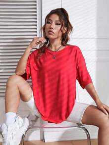 Camiseta holgada con hombros caídos unicolor - Rojo - Ver 4