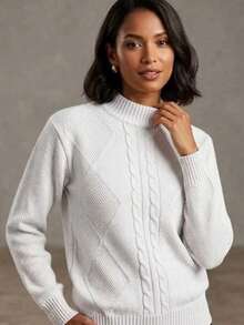 Women's Modal Knit Winter Blouse With Braided High Neck, Modern Style - White - View 3