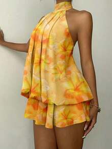 Elegant Women's Mini Dress With Halter Neck And Bow In Light Yellow - Kuning - View 6