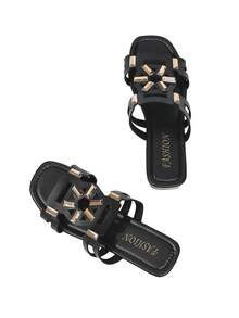 Women's Metallic Glamorous Style Rhinestone Criss-Cross Strap Slide Sandals, Suitable For Party, Holiday, Wedding, Outdoor Wear In Spring/Summer, Square Toe, Low Heel, Slip-On, Open Toe, Shiny - Black 3 - View 3