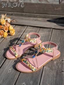 WRCVS Sandal đế bằng dệt màu hồng, giày đi biển nhẹ nhàng, kiểu dáng thường ngày với họa tiết hoa đính cườm, thiết kế ngẫu nhiên. - Hồng - Xem 6