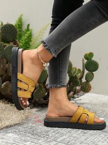New Fashion Buckle Open Toe Platform Slippers, Comfortable & Versatile, Suitable For Daily Wear, Beach & Casual - Yellow - View 9