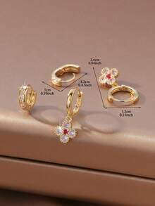 2 pares/set de pendientes con forma de trébol, chapados en oro de 18K con piedra central de rubí, cuatro pétalos de flor de circonita cúbica, ribete de grano fino, colgante desmontable, adecuado como regalo del Día de la Madre o de cumpleaños para mujeres, madres, esposas - Multicolor - Ver 6