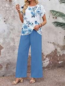 Set de 2 piezas con top de manga corta y pantalón de pierna ancha con estampado geométrico para mujer - Azul y blanco - Ver 3