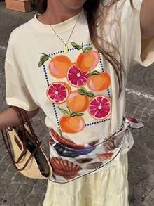 Nueva camiseta de verano casual con estampado naranja de cuello redondo y manga corta, top de mujer de moda y versátil - Albaricoque claro - Ver 8