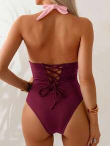 Traje de baño de una pieza con control de abdomen, estilo minimalista de unicolor, con escote halter y espalda descubierta, para vacaciones de verano en la playa - Multicolor 3 - Ver 7