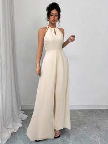 Mono elegante de mujer con cuello en V, cintura ajustable, sin mangas, de gasa con parches, y bajo translúcido - Albaricoque - Ver 5