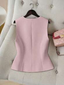 Top corto con cuello en V para mujer, estilo retro ajustado a la cintura, elegante de alta gama, para verano - Rosa - Ver 2
