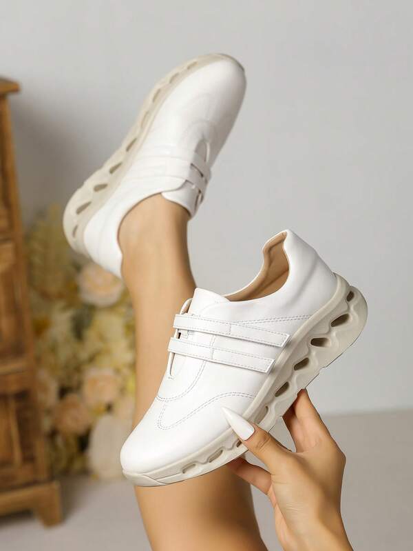 Soft Leather Breathable Hook And Loop Sports Shoes For Middle-Aged And Elderly Women, Non-Slip Hollow Out Thick Sole Walking Shoes, Versatile Slip-On Shoes For Spring And Autumn