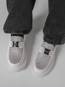 Men's Thick Sole Comfortable Slip-On Loafers, Rhinestone Embellished Casual Sneakers, Formal Wedding Dress Shoes - White - View 5