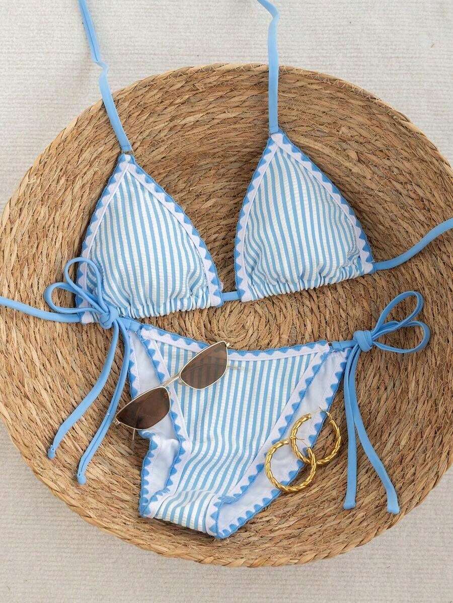 Swim Mod Nuevo conjunto de bikini para mujer de primavera/verano, traje de baño triangular con cordones, traje de baño sexy de playa con decoración de árbol de coco y perlas - Azul - Ver 1