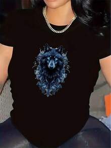 Camiseta con Diseño Intrincado de Lobo| Tela duradera, ligera y transpirable, ajuste cómodo, camiseta gráfica elegante para hombres y mujeres, cuello redondo, estampado, ideal para uso casual en el comedor. - Negro - Ver 1