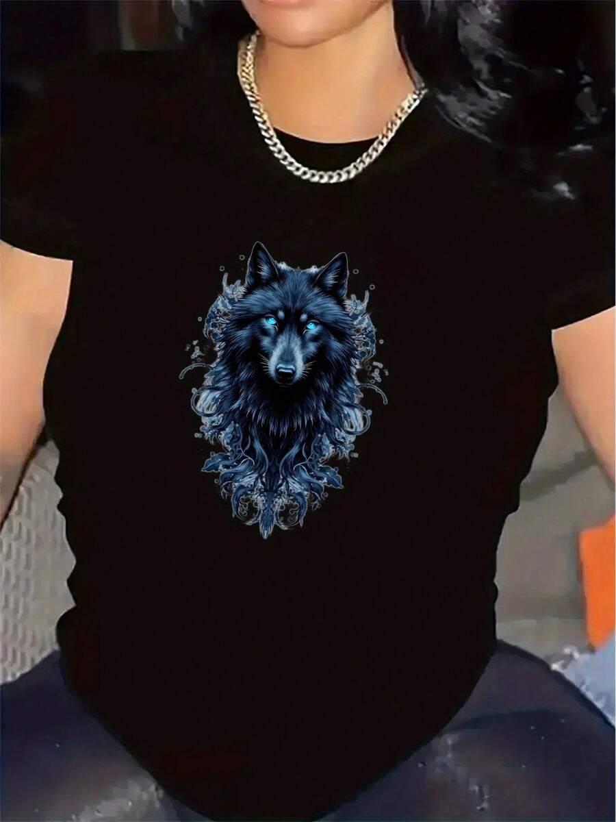 Camiseta con Diseño Intrincado de Lobo| Tela duradera, ligera y transpirable, ajuste cómodo, camiseta gráfica elegante para hombres y mujeres, cuello redondo, estampado, ideal para uso casual en el comedor. - Negro - Ver 1