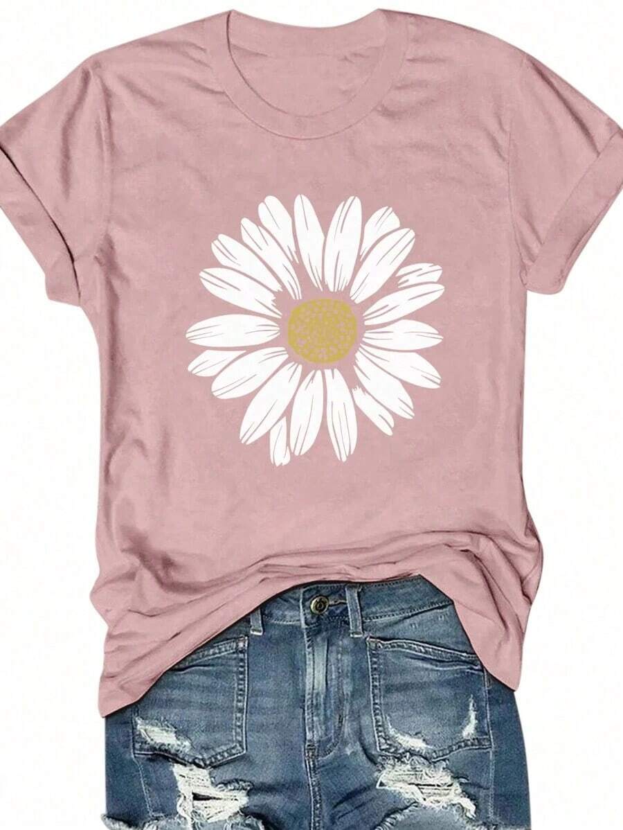 Camiseta de algodón 100% con cuello redondo, manga corta y estampado de perlas falsas, top casual de verano para mujer - Rosa Pálido - Ver 1