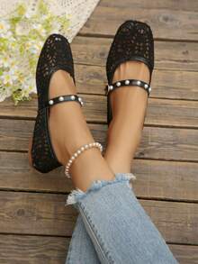 Nuevos zapatos planos cuadrados transpirables de moda para mujer, mocasines casuales para el hogar, conducir, todas las estaciones, de material de tela - Negro - Ver 2