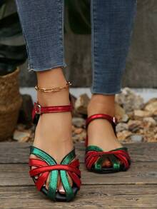 Giày sandal bít mũi hai tông màu khoét rỗng mùa hè 2026, giày bệt kiểu bohemian Mary Jane cơ bản với quai chéo và khóa cài dành cho nữ. - Nhiều màu - Xem 4