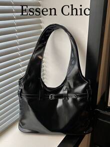1pc Black Spring New Fashion Strap Decor Large Capacity Solid Color PU Tote Bag, Women Shoulder Bag - Black - View 2