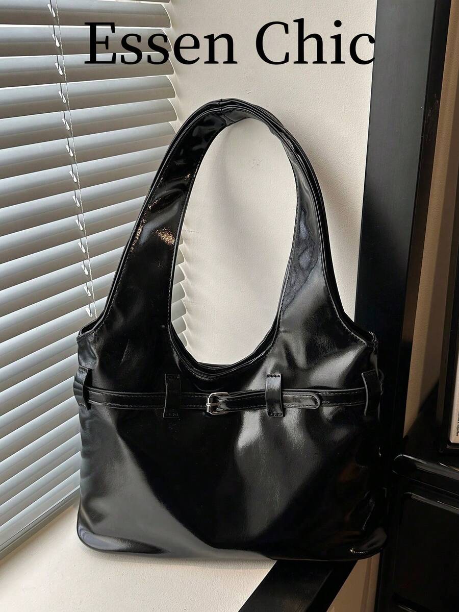 1pc Black Spring New Fashion Strap Decor Large Capacity Solid Color PU Tote Bag, Women Shoulder Bag