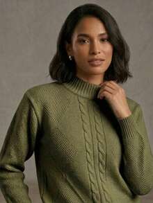 Women's Modal Knit Winter Blouse With Braided High Neck, Modern Style - 軍綠色 - 查看 3