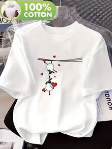 Camiseta estampada de verano 100% algodón; camiseta holgada de manga corta con cuello redondo; top transpirable para mujer; ropa cómoda y suave para el hogar; adecuada para el uso diario y la oficina en casa; camiseta de algodón cómoda para todas las estaciones y uso cotidiano. - Blanco - Ver 1