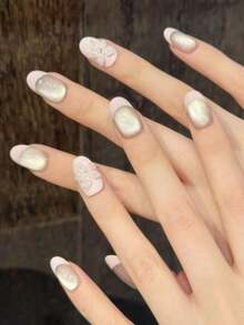 10 pièces Faux ongles ovales courts faits à la main pour les fêtes et le port quotidien, ongles roses, french rose dense œil de chat, ongles pressés minimalistes sculptés en ellipse, brillants et étincelants, faciles à porter. 10 pièces de faux ongles faits à la main Y2K, ongles d'été, style d'été, convient aux filles et aux femmes pour les festivals, les fêtes et le port quotidien - Rose bonbon - Voir 3