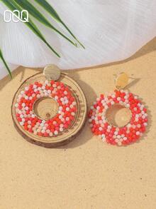OOQ 1 Pair Bohemian Style Hollow Round Beaded Earrings, Geometric Personalized Design Elegant Minimalist Sexy Earrings, Suitable For Daily Matching, Great Gift For Friends (Handmade Beads In Random Colors, Quantities And Positions) - Red - View 3