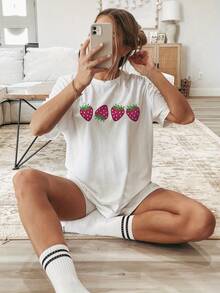 Soft 100% Cotton T-Shirt, Graphic Print T-Shirt, Short Sleeve, Round Neck, Casual Top For Summer And Spring, Women's Clothing, Breathable Cotton T-Shirt, Goes With Everything, Great. - 白色 - 查看 6