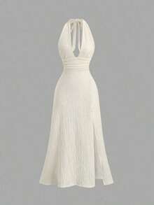 Solid Color Bodycon Dress With Deep V-Neck, Open Back And Sensual Side Slit - Pale Yellow - View 4