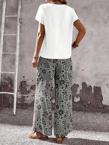 Set de 2 piezas con top de manga corta y pantalón de pierna ancha con estampado geométrico para mujer - Negro - Ver 2