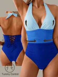 Traje de baño de una pieza con control de abdomen, estilo minimalista de unicolor, con escote halter y espalda descubierta, para vacaciones de verano en la playa - Multicolor 6 - Ver 8